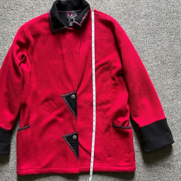 Vintage Red Fleece Button Front Jacket Womens XS Black Collar Polartec Retro 90s - Picture 13 of 16